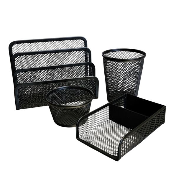 Black Mesh Desk‎ Organization Set 4 Pc Mail Sorter Holder Pen Cup Note Tray - Picture 1 of 6